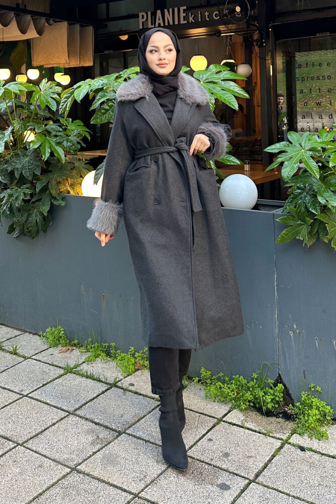 Elysia Yakası Kürklü Kaşe Kaban - Antrasit 