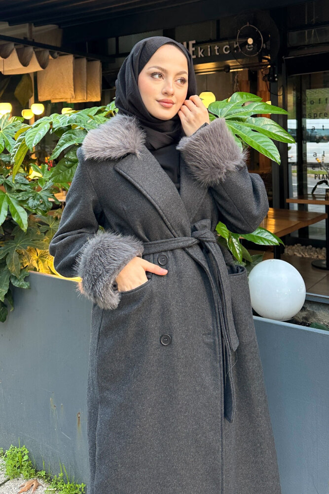 Elysia Yakası Kürklü Kaşe Kaban - Antrasit - 8