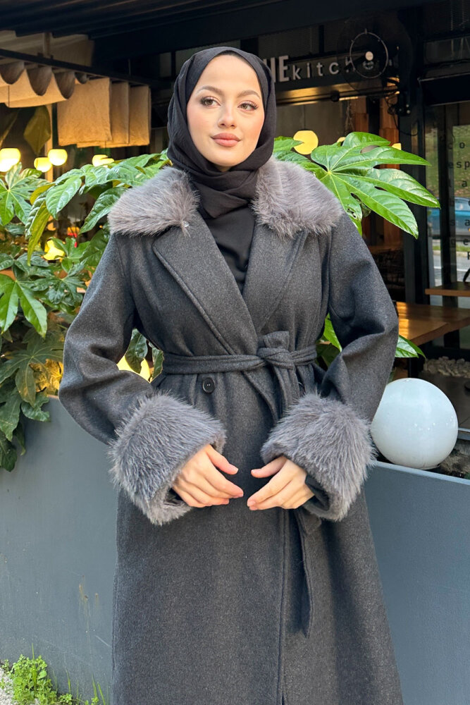 Elysia Yakası Kürklü Kaşe Kaban - Antrasit - 4
