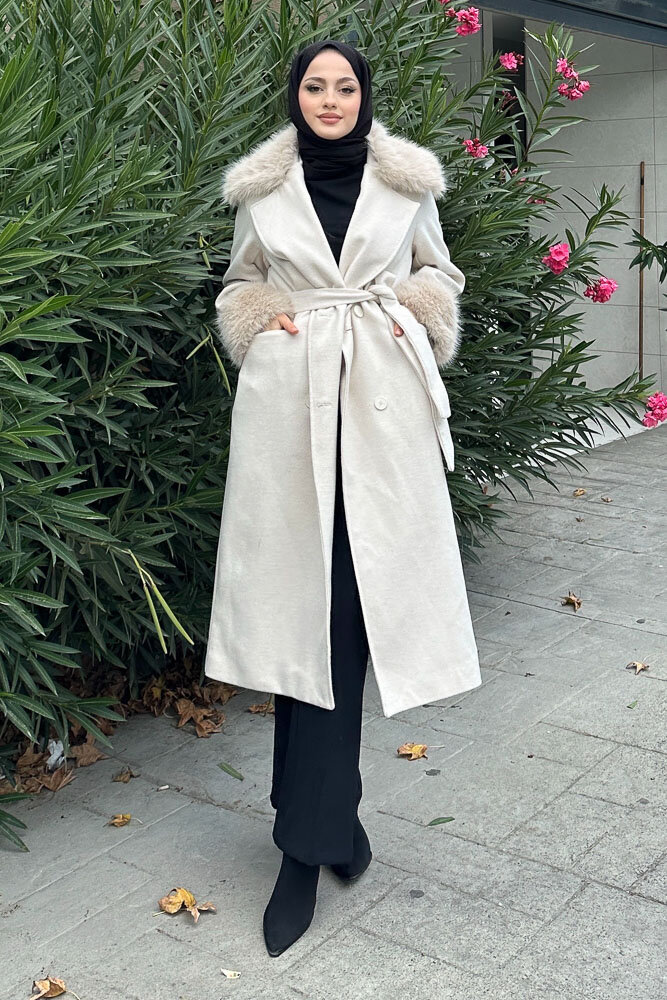 Elysia Yakası Kürklü Kaşe Kaban - Ekru - 4