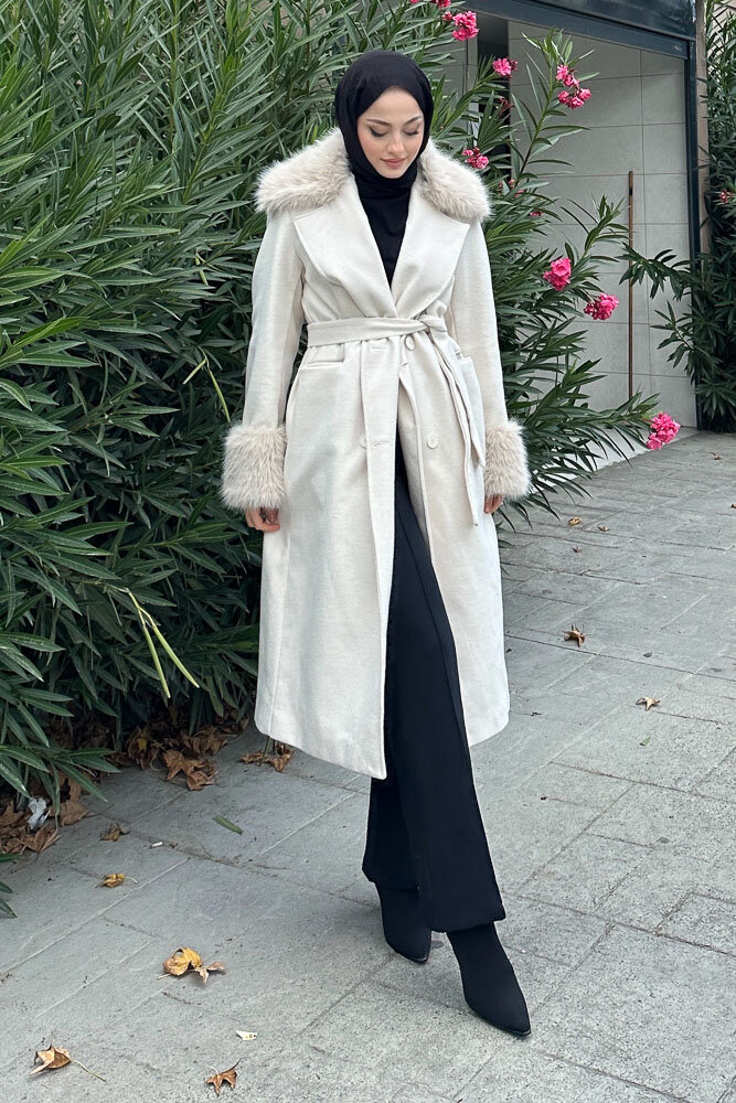 Elysia Yakası Kürklü Kaşe Kaban - Ekru - 8