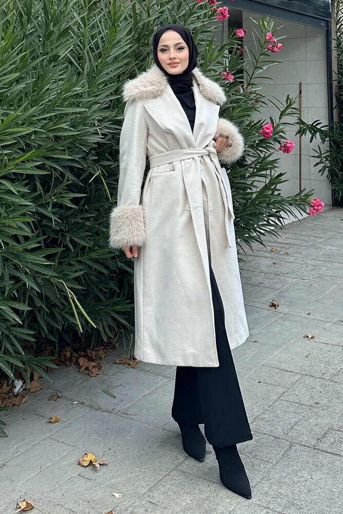 Elysia Yakası Kürklü Kaşe Kaban - Ekru - 9
