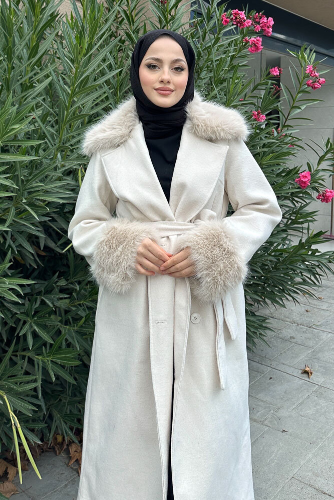 Elysia Yakası Kürklü Kaşe Kaban - Ekru - 10