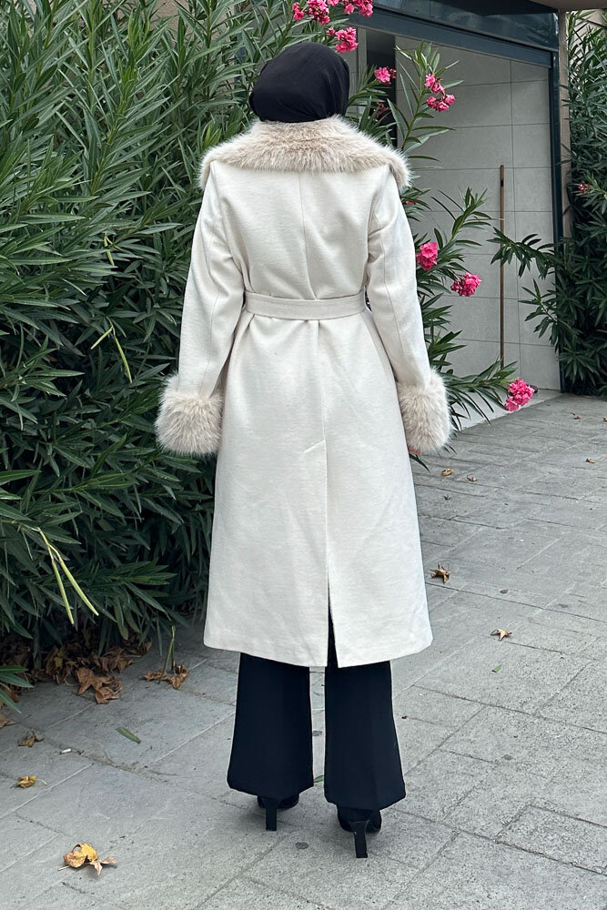 Elysia Yakası Kürklü Kaşe Kaban - Ekru - 6