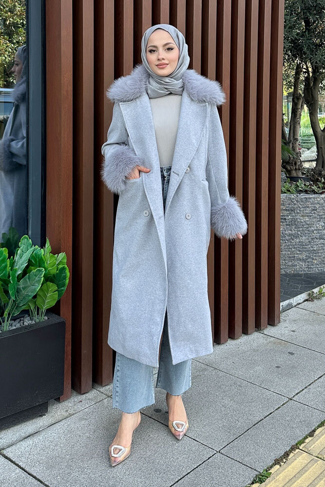 Elysia Yakası Kürklü Kaşe Kaban - Gri - 3