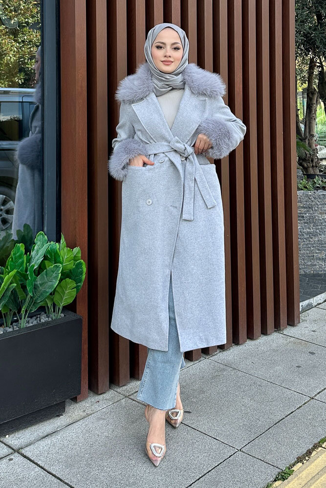 Elysia Yakası Kürklü Kaşe Kaban - Gri - 5