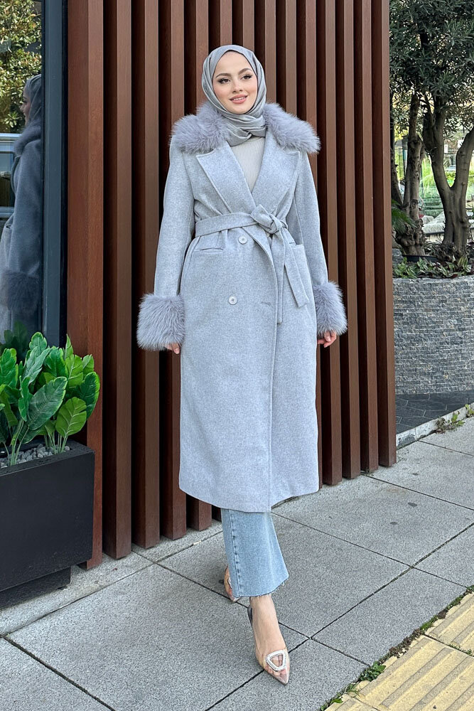 Elysia Yakası Kürklü Kaşe Kaban - Gri - 7