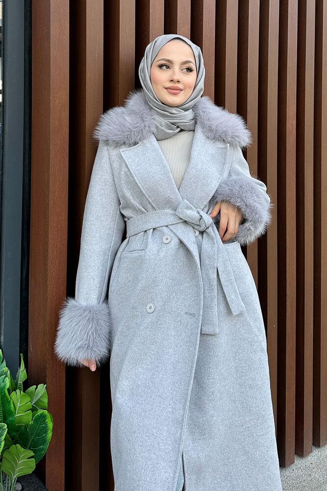Elysia Yakası Kürklü Kaşe Kaban - Gri - 6