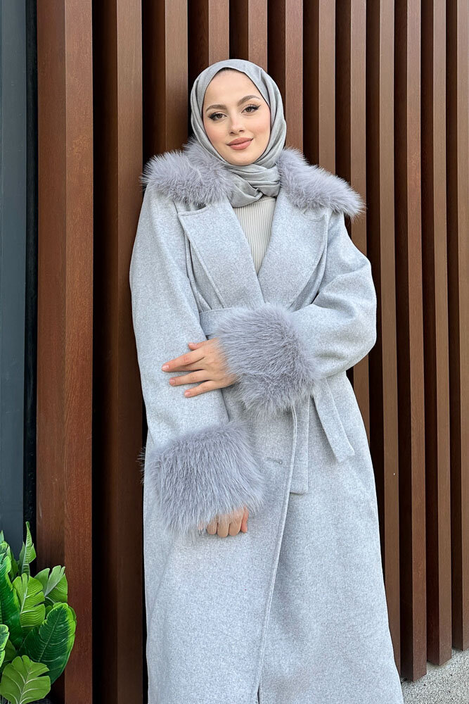 Elysia Yakası Kürklü Kaşe Kaban - Gri - HENZA (1)