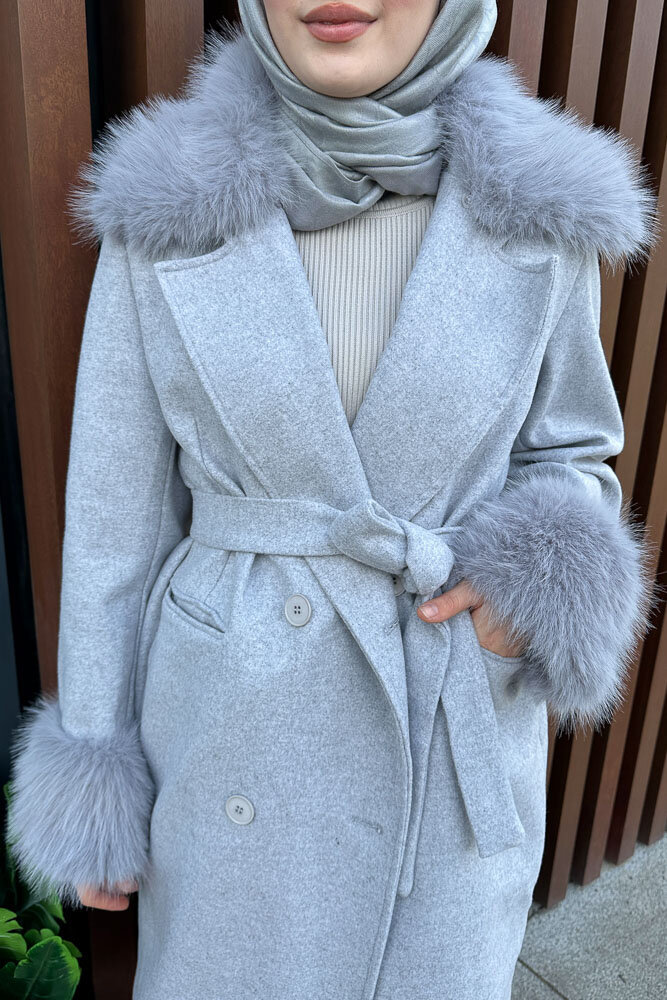 Elysia Yakası Kürklü Kaşe Kaban - Gri - 4