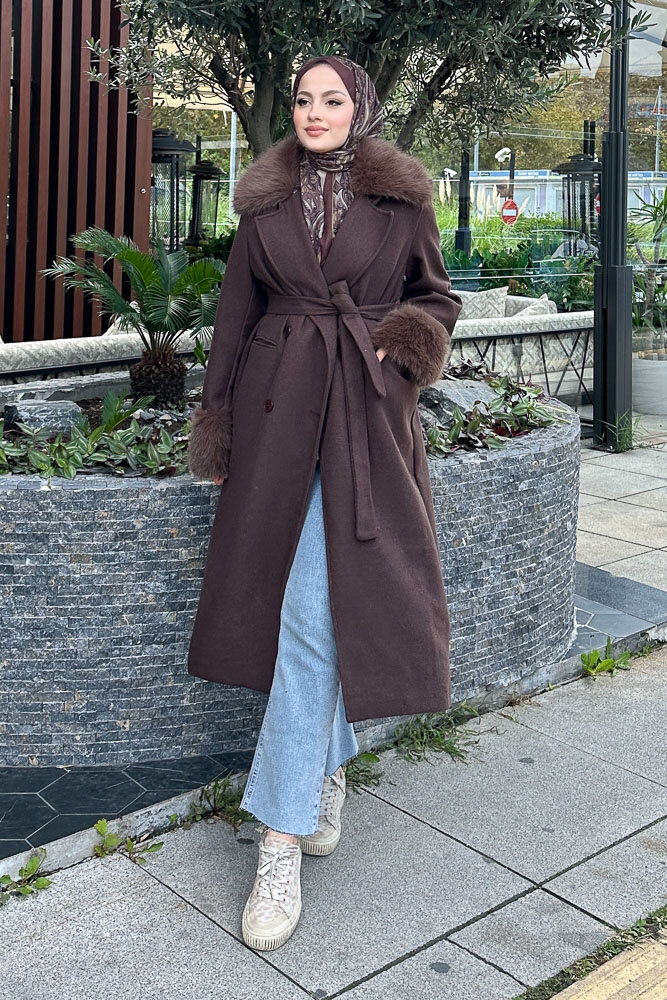 Elysia Yakası Kürklü Kaşe Kaban - Kahverengi - 4