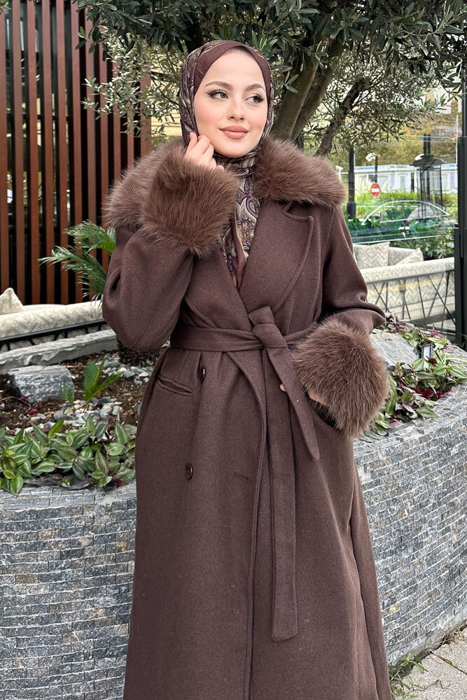 Elysia Yakası Kürklü Kaşe Kaban - Kahverengi - 2