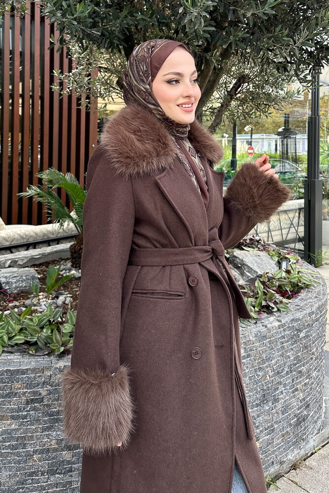 Elysia Yakası Kürklü Kaşe Kaban - Kahverengi - 5