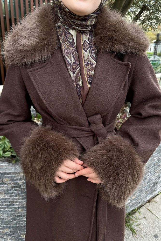 Elysia Yakası Kürklü Kaşe Kaban - Kahverengi - 8