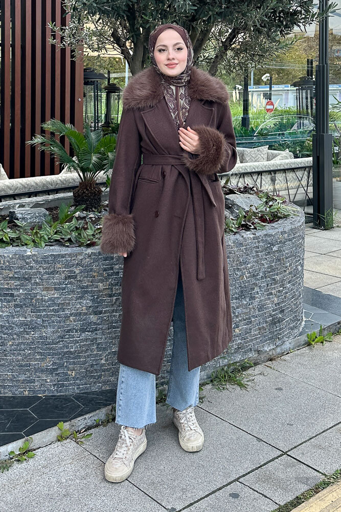 Elysia Yakası Kürklü Kaşe Kaban - Kahverengi - HENZA (5)