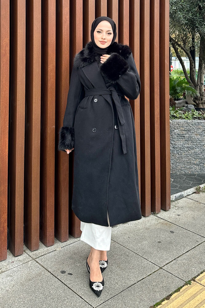 Elysia Yakası Kürklü Kaşe Kaban - Siyah - HENZA (5)