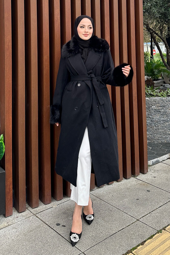 Elysia Yakası Kürklü Kaşe Kaban - Siyah - HENZA (1)