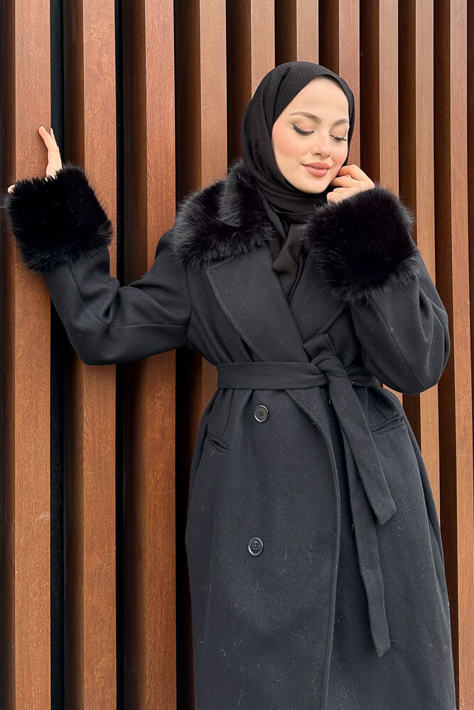 Elysia Yakası Kürklü Kaşe Kaban - Siyah - 7