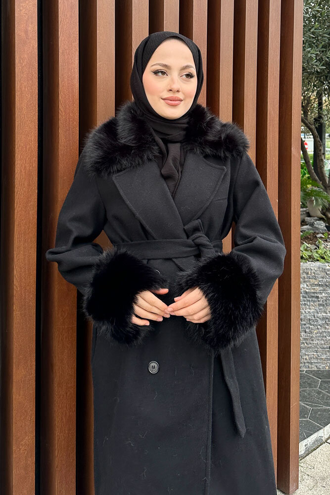Elysia Yakası Kürklü Kaşe Kaban - Siyah - 3