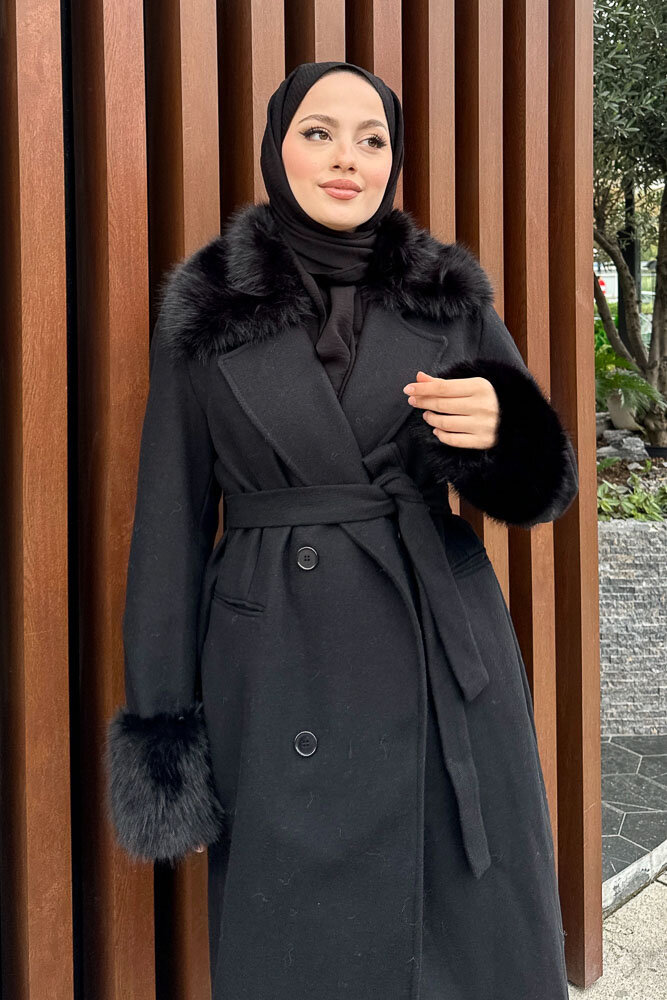 Elysia Yakası Kürklü Kaşe Kaban - Siyah - 9