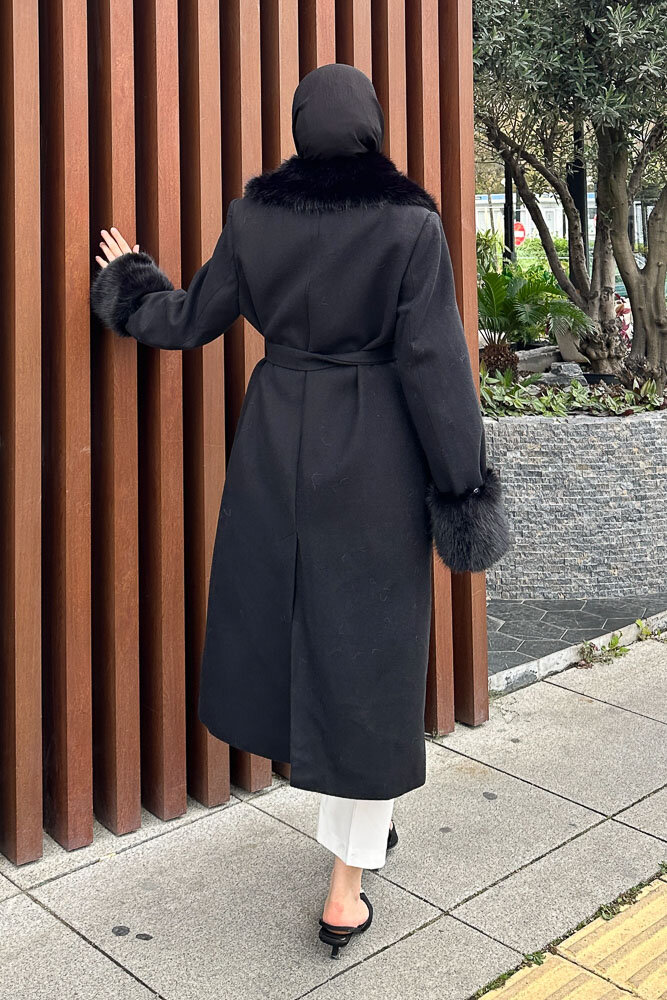 Elysia Yakası Kürklü Kaşe Kaban - Siyah - HENZA (4)