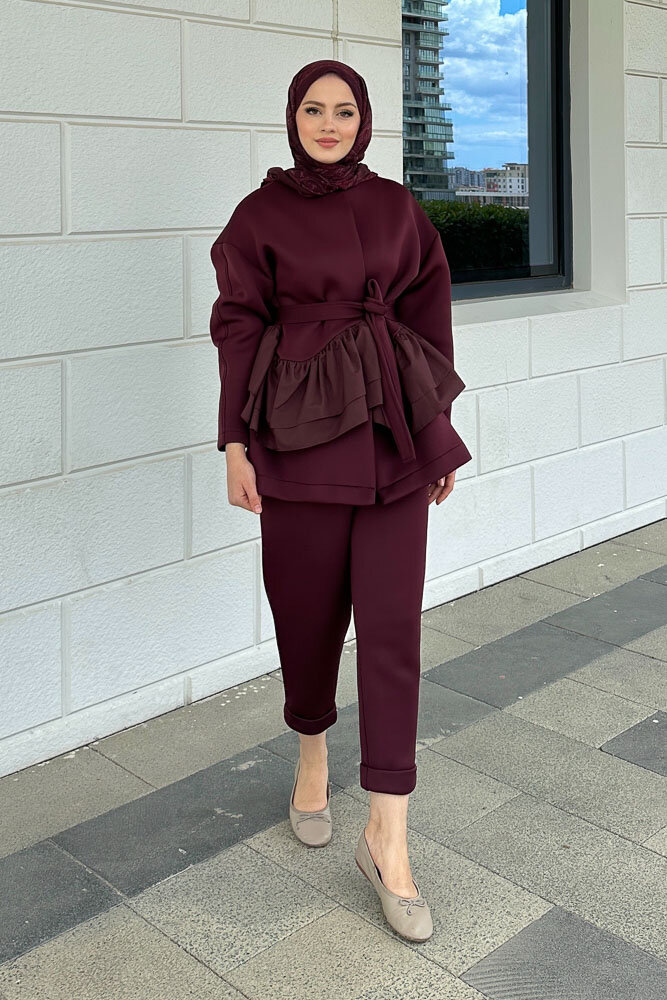 Enoa Fırfırlı Tunik Takım - Bordo - HEWES (3)