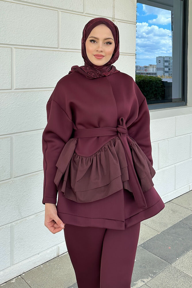 Enoa Fırfırlı Tunik Takım - Bordo - HEWES (1)