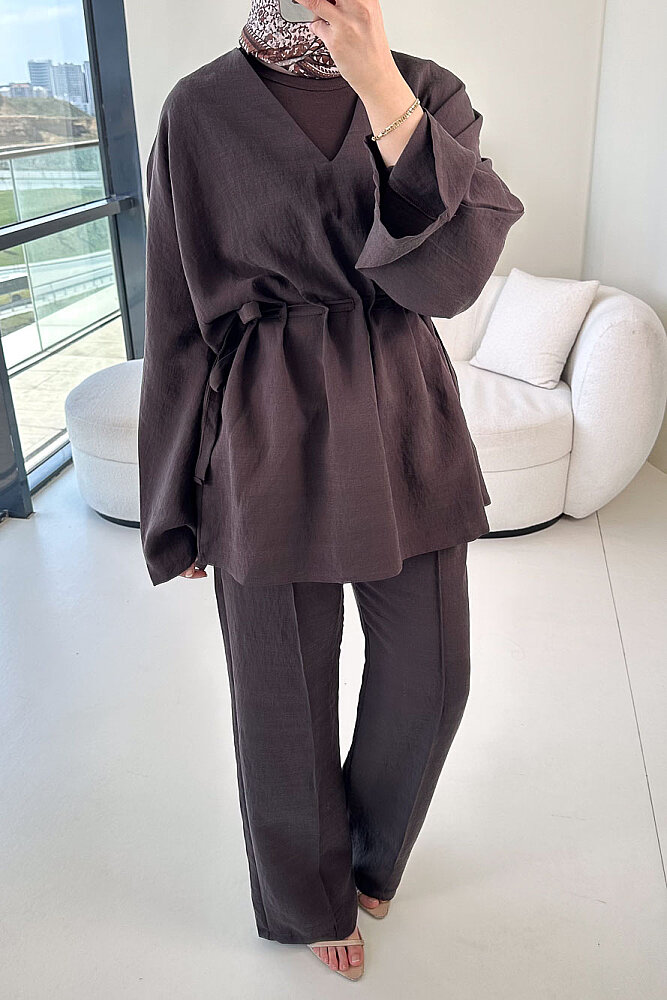 Eraa Bağcık Detaylı Pantolon Takım - Kahverengi - 6