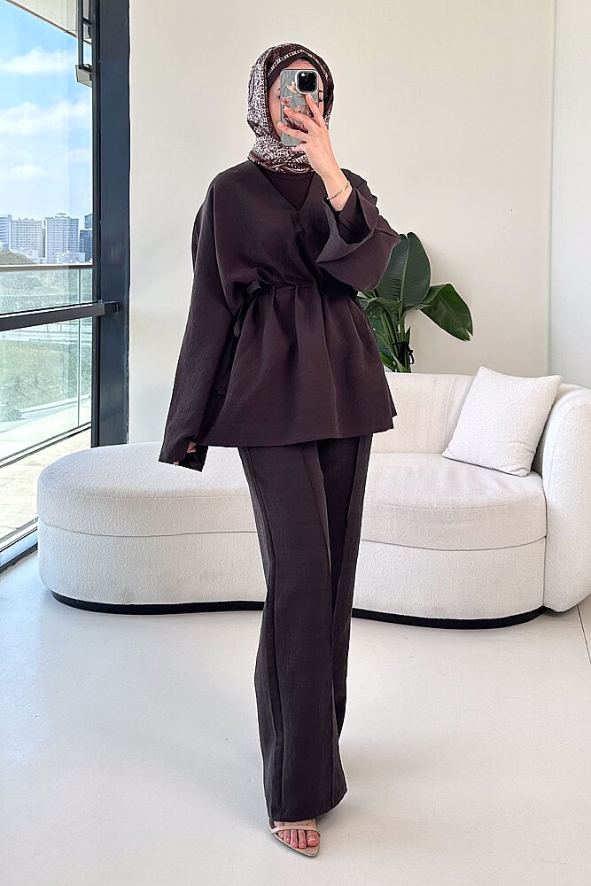 Eraa Bağcık Detaylı Pantolon Takım - Kahverengi - 1