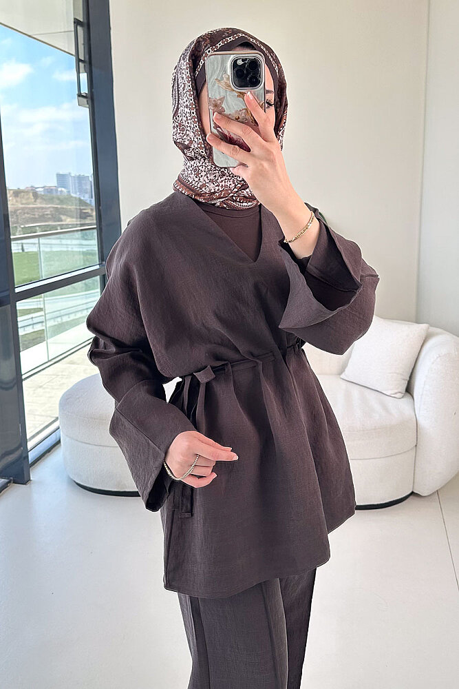 Eraa Bağcık Detaylı Pantolon Takım - Kahverengi - ENMA (1)