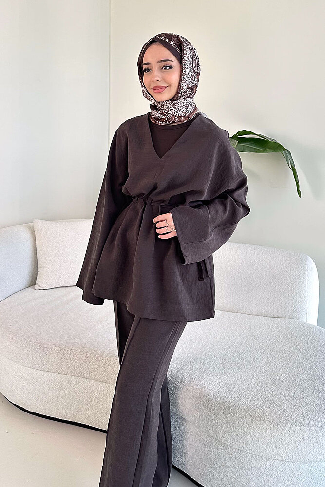 Eraa Bağcık Detaylı Pantolon Takım - Kahverengi - 4