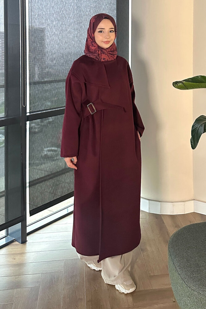 Essential Kemerli Uzun Kaban - Bordo - ALLMİSS (3)