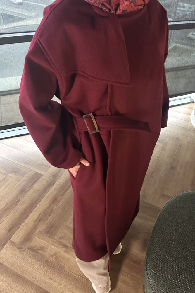 Essential Kemerli Uzun Kaban - Bordo - ALLMİSS (1)