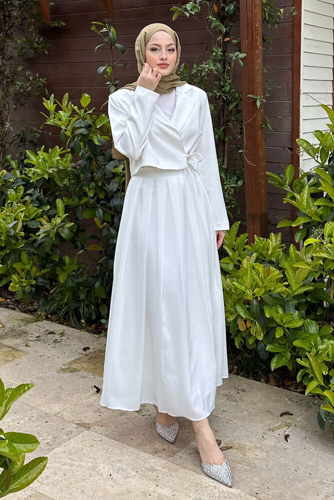 Eteği Pileli Yandan Bağlamalı Takım - Ekru - HENZA (1)