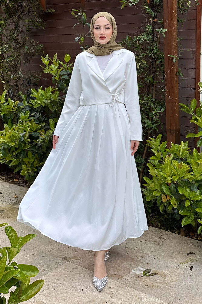 Eteği Pileli Yandan Bağlamalı Takım - Ekru - HENZA (3)