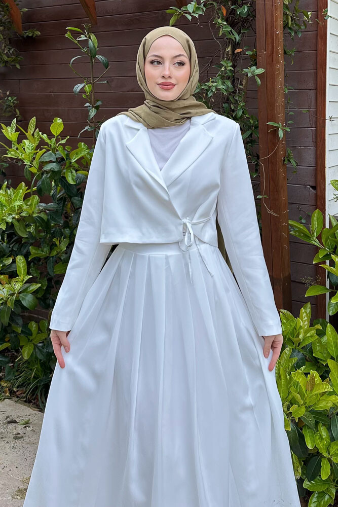 Eteği Pileli Yandan Bağlamalı Takım - Ekru - HENZA (2)