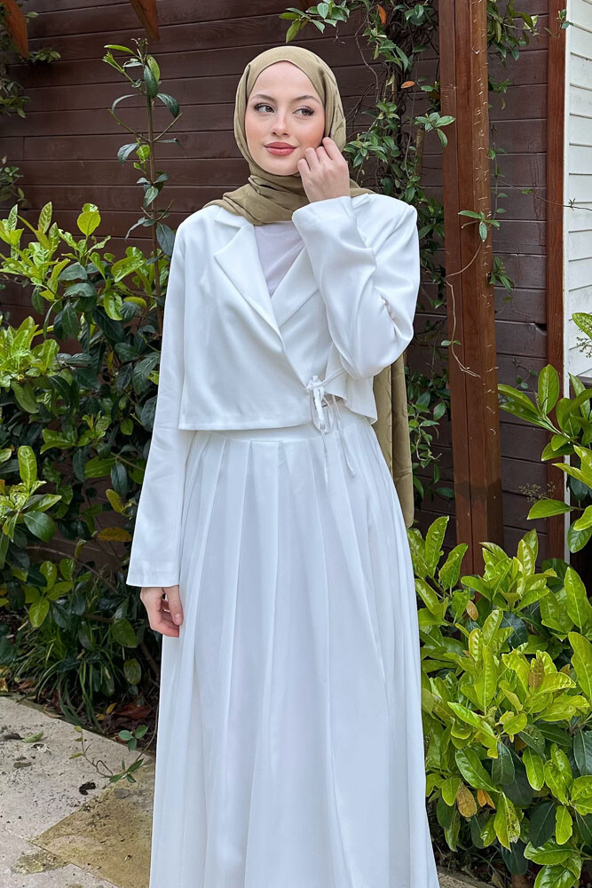 Eteği Pileli Yandan Bağlamalı Takım - Ekru - HENZA (4)