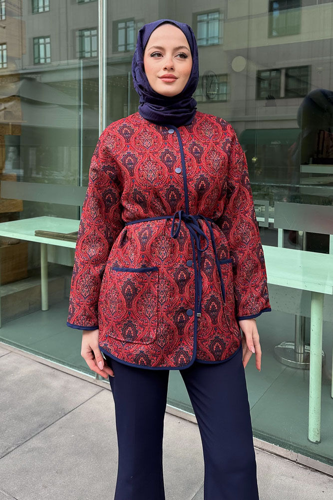 Etnik Desenli Astarlı Ceket - Kırmızı - HEWES (4)