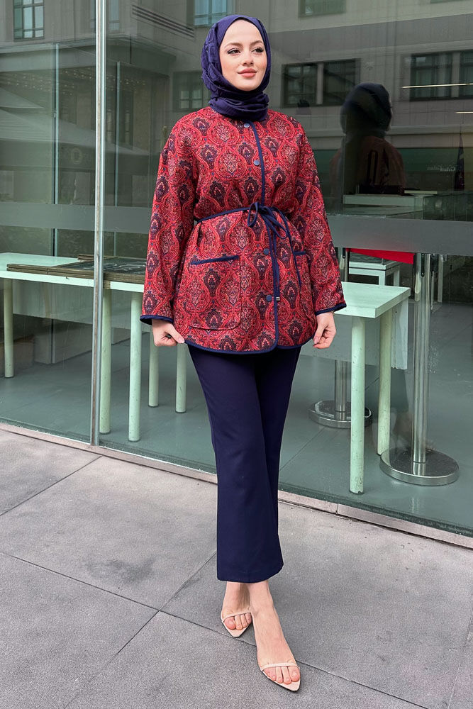 Etnik Desenli Astarlı Ceket - Kırmızı - HEWES (3)