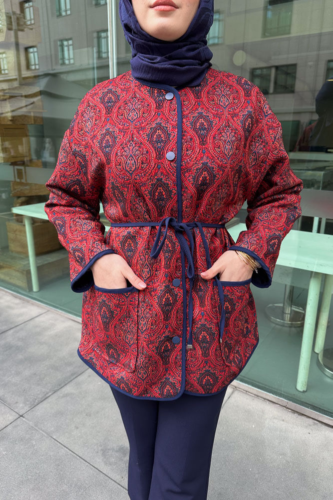 Etnik Desenli Astarlı Ceket - Kırmızı - HEWES (5)