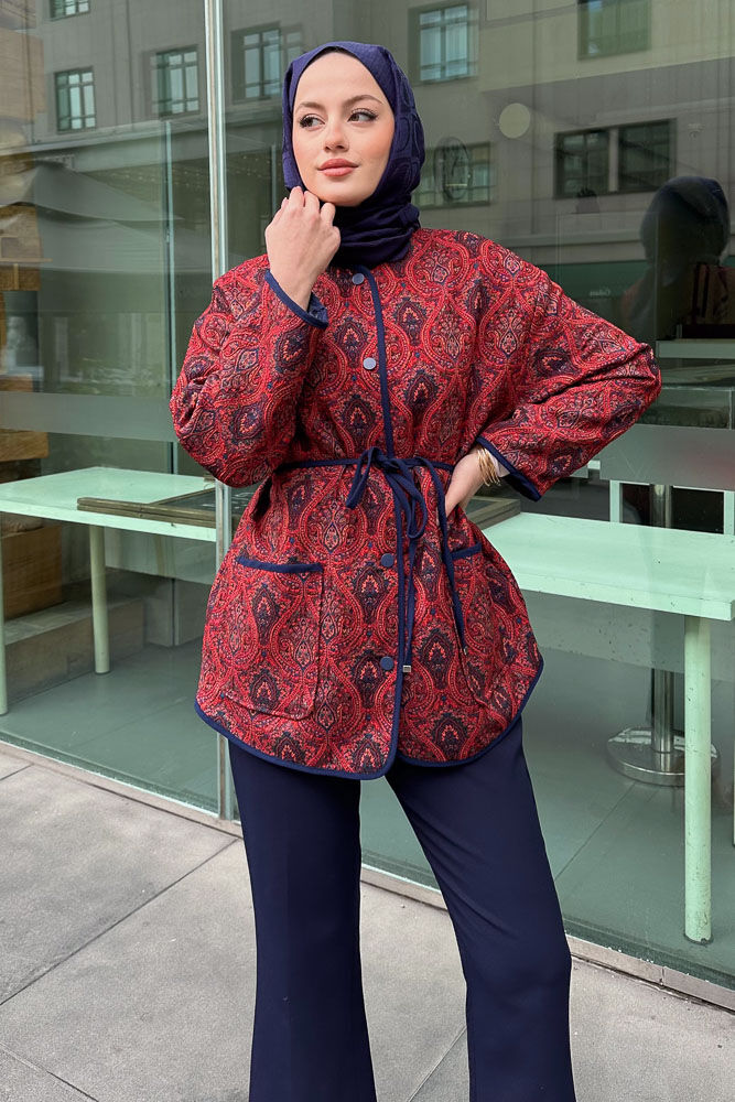 Etnik Desenli Astarlı Ceket - Kırmızı - HEWES (2)