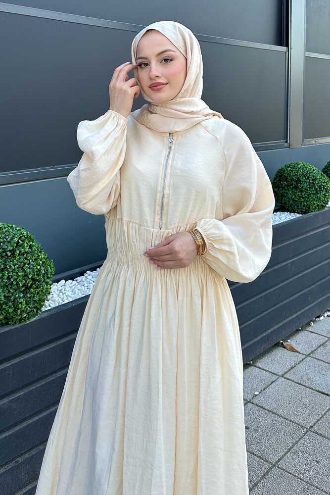 Fermuarlı Beli Büzgülü Modal Elbise - Bej - 3