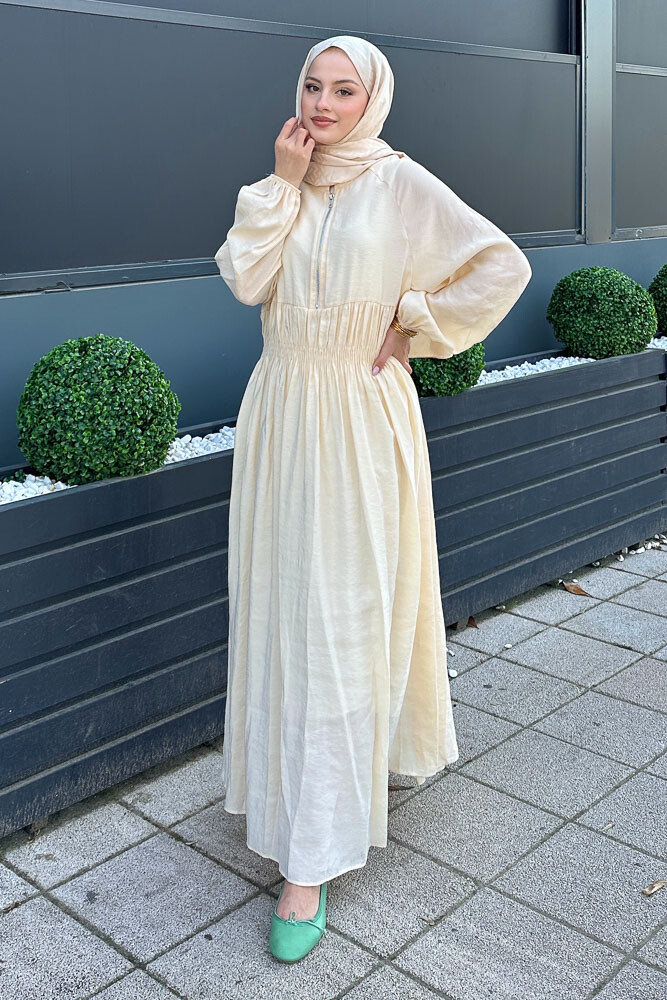 Fermuarlı Beli Büzgülü Modal Elbise - Bej - HENZA (5)