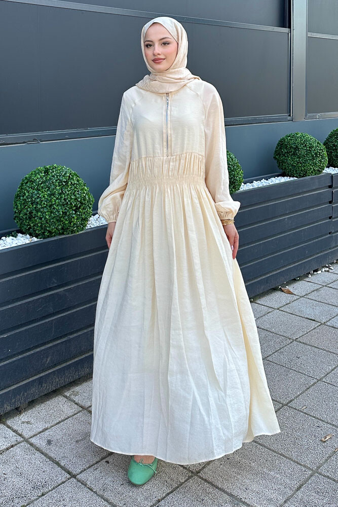 Fermuarlı Beli Büzgülü Modal Elbise - Bej - HENZA (1)