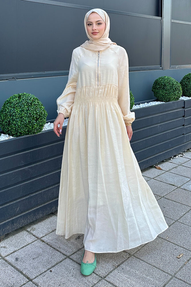 Fermuarlı Beli Büzgülü Modal Elbise - Bej - HENZA (3)