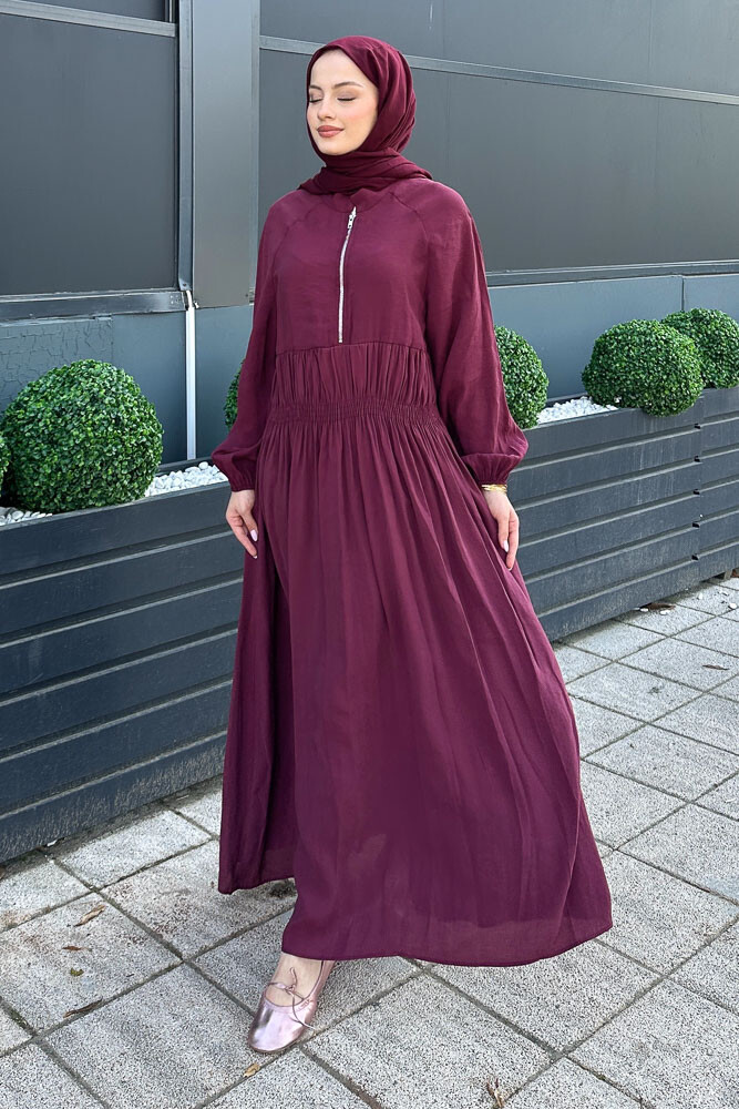 Fermuarlı Beli Büzgülü Modal Elbise - Bordo - 4