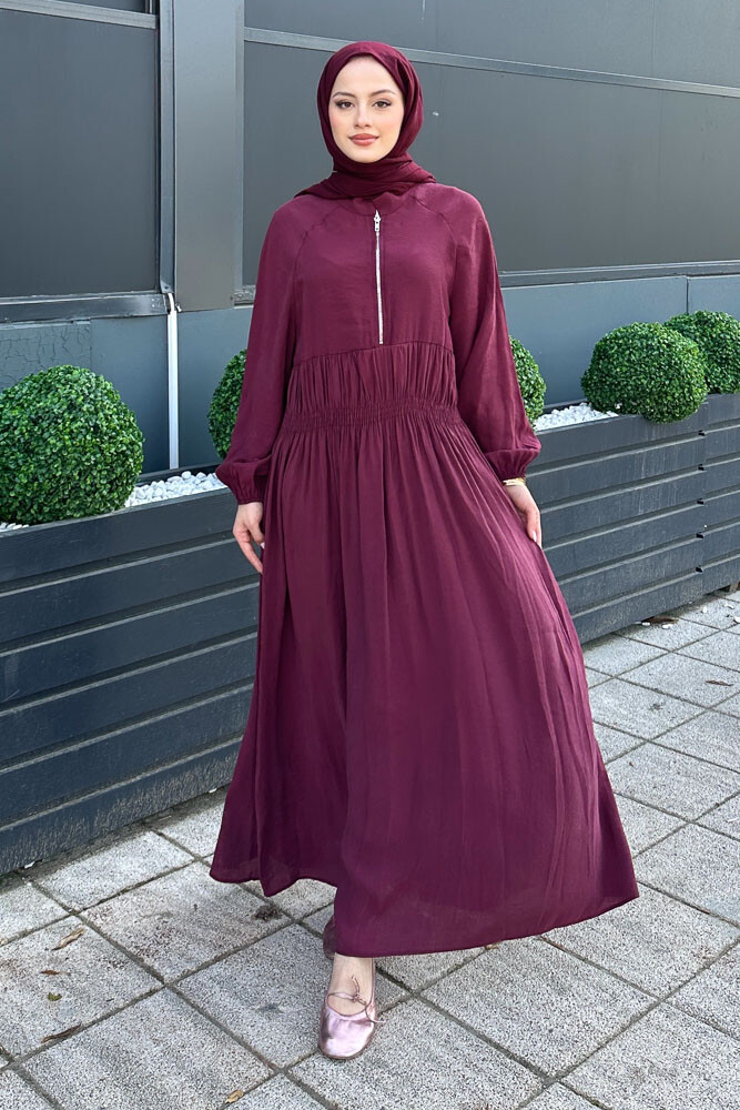 Fermuarlı Beli Büzgülü Modal Elbise - Bordo 