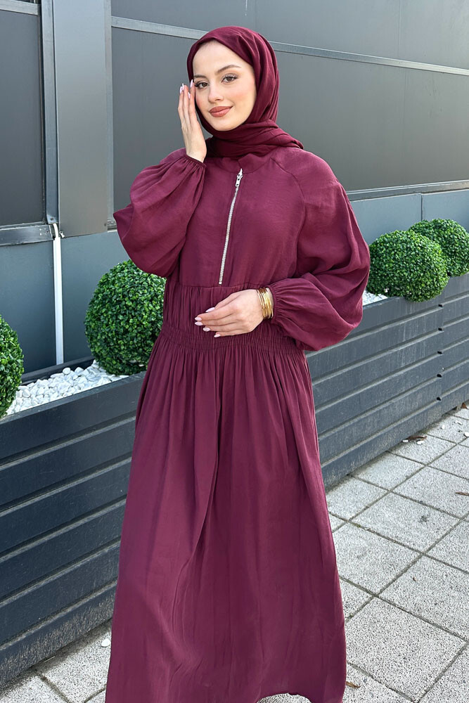 Fermuarlı Beli Büzgülü Modal Elbise - Bordo - 6
