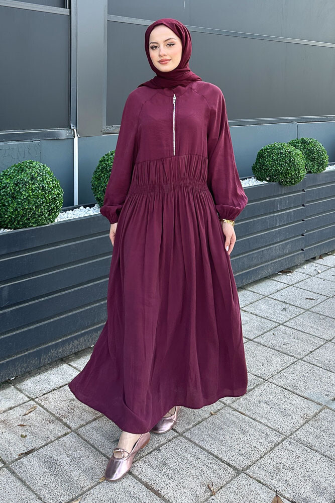 Fermuarlı Beli Büzgülü Modal Elbise - Bordo - 7