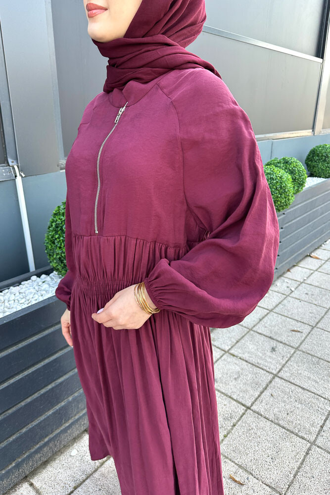 Fermuarlı Beli Büzgülü Modal Elbise - Bordo - 5